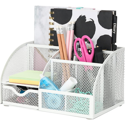 EXERZ Desk Organiser with 7 Compartments -Mesh Desk Tidy Caddy - White