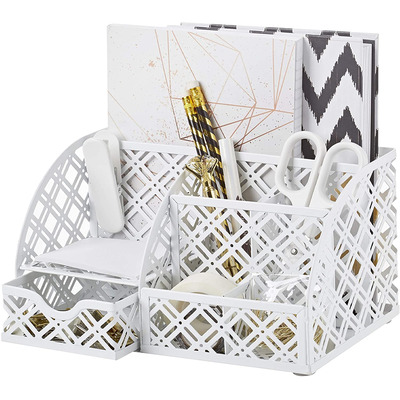 EXERZ Desk Organiser with 7 Compartments -Mesh Desk Tidy Caddy - White