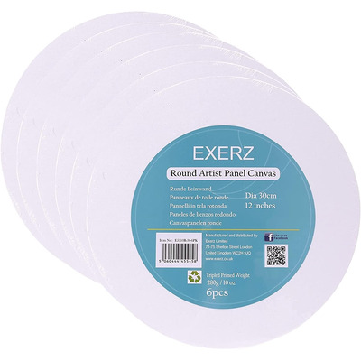 Exerz 30cm Round Canvas Panels 6pcs- 3mm 280gsm 100% Cotton Diameter 30cm Canvas Board