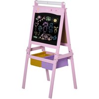 HOMCOM 3 In 1 Kids Wooden Art Easel with Paper Roll Double-Sided Chalkboard & Whiteboard with Storage Baskets Gift for Toddler Girl Age 3 Years+ Pink