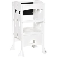 HOMCOM Kids Step Stool Toddler Kitchen Stool with Blackboard Lockable Handrail for Kids Kitchen Counter, White