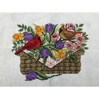 Cross Stitch Motif - Basket Of Flowers And Red Birds (hand Stitched By Volunteer)