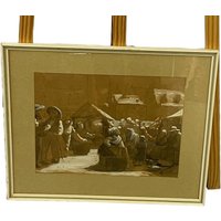 Framed Artwork Lithograph Print Market Scene