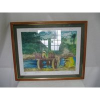 Contemporary Cuban Lithograph Titled ' Carreta' Limited Edition In A Wooden Frame.